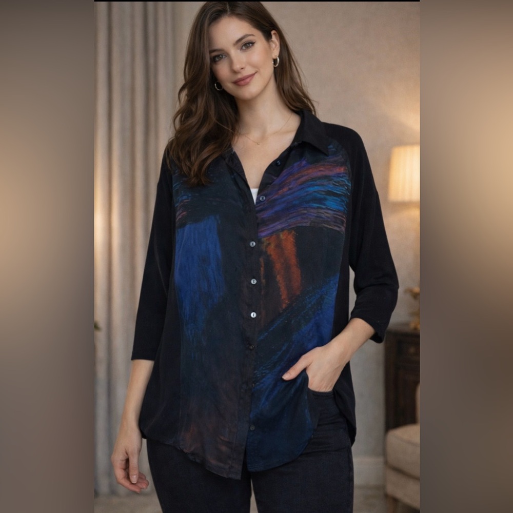 New BIYA Johnny Was Black Brushstroke 100% Silk Button Shirt Tunic Blouse